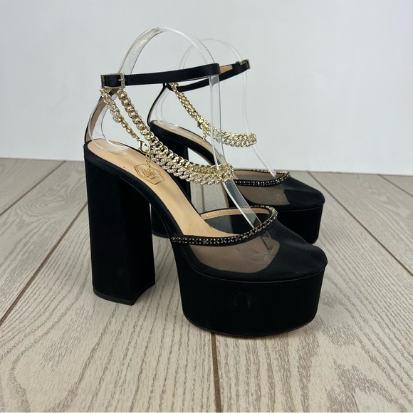 Amina Means Nalebe Stellar Mesh Ankle Chain Platform Heels 37.5 Black Satin $800 - Picture 1 of 12